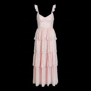 NWOT Stunning Glory Light Pink Floral Jacquard Tiered Maxi Dress M